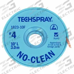 TECHSPRAY Desoldering Braid: No-Clean Flux, # 4, 0.098 in, 10 ft, Blue, ESD-Safe (MPN 1823-10F). Key specifications — Color: Blue; Brand: TECHSPRAY; Manufacturer Part Number: 1823-10F.