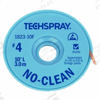 TECHSPRAY Desoldering Braid: No-Clean Flux, # 4, 0.098 in, 10 ft, Blue - No-Clean Flux Desoldering Braids