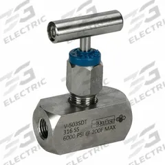 PARKER Needle Valve: Inline Valve Body, 316 Stainless Steel, 1/4 in Pipe Size, FNPT x FNPT, Female (MPN V-503SDT). Key specifications — Standards: ASTM A 105; Brand: PARKER; Connection Gender - Side 2: Female; Connection Gender - Side 1: Female; Connection Type - Side 1: NPT; Connection Type - Side 2: NPT; Connection Type: FNPT x FNPT.