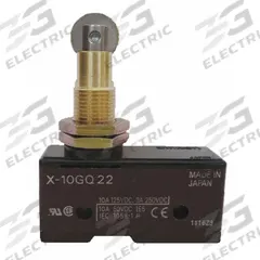 OMRON Snap Action Switch: Roller Plunger Actuator, 1NO/1NC, Solder (MPN X-10GQ22). Key specifications — AC Contact Rating: 2 A @250 V; Electrical Connection: Solder; Series: X; Brand: OMRON.