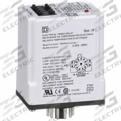 SCHNEIDER Multi-Function Time Delay Relay: Socket Mounted, 24V AC, 10 A, 11 Pins/Terminals (MPN 9050JCK70V14). Key specifications — Contact Rating (AC): 10 A @ 120/240V; Delay Function: One Shot (Falling Edge); Mounting Style: Plug-In; Input Voltage: 24V AC; Brand: SCHNEIDER.