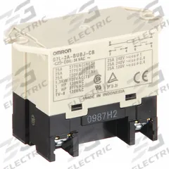OMRON Enclosed Power Relay: Surface (Top Flange) Mounted, 25 A Current Rating, 24V AC, DPST-NO (MPN G7L-2A-BUBJ-CB-AC24). Key specifications — Brand: OMRON; Base Type: Square; Mounting Style: Top Flange; Electrical Connection: Screw Terminal; Manufacturer Part Number: G7L-2A-BUBJ-CB-AC24; Operating Current: 25 A at 220V AC (Resistive Load/Inductive Load); Series: G7L Series.