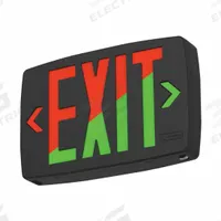Exit Sign: LED, Black, Red/Green, 2 Faces, Ceiling/Wall, Not Battery Powered, Self Diagnostics (MPN 2889TK). Key specifications — Voltage: 120 to 277V; Directional Indicators: Universal Field Selectable Chevrons; Text Color: Red/Green; Brand: ACUITY BRANDS; Emergency Battery Backup: No; Housing Color: Black; Lighting Technology: LED; Remote Capable: No.