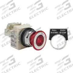 SCHNEIDER Mushroom Head Push Button: Illuminated, Mushroom Head Profile, Non-Metallic, 30 mm, SPDT (MPN 9001KR9P35RH13). Key specifications — Brand: SCHNEIDER; Action: Maintained; Series: 9001K; Push Button Material Type: Non-Metallic.