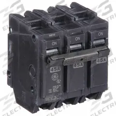GE Miniature Circuit Breaker: THQL, 45 A, 120/240V AC, Three Phase, 10kA at 120/240V AC, Std (MPN THQL32045). Key specifications — Amps: 45 A; AC Voltage Rating: 120/240V AC; Phase: Three; Max. AIR Rating: 10kA at 120/240V AC; For Use With: Power Mark Gold Load Centers and AQ Lighting Panels.