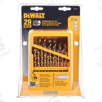 DEWALT Jobber Length Drill Bit Set: 29 Pc, 1/16" to 1/2" by 64ths, 135° Pilot Point, TiN-Coated HSS (MPN DW1369). Key specifications — attr1236168: ToughCase®+.