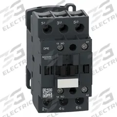 SCHNEIDER IEC Magnetic Contactor: Non-Reversing, 3 Poles, 3NO Contacts, 38 A, 120V AC Coil (MPN DPE38G7). Key specifications — Brand: SCHNEIDER; Integrated Surge Suppression: No.