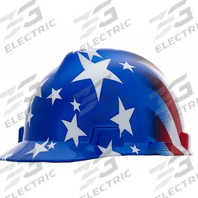 MSA Hard Hat: Blue, American Flag, Ratchet (4-Point), Ratchet, Polyethylene - Patriotic Front-Brim Hard Hats (Type 1, Class E)