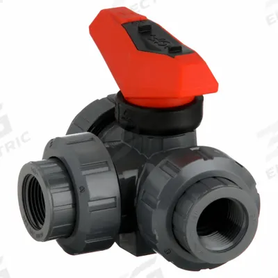 GF PIPING SYSTEMS Manual Three-Way Ball Valve: 3/4 in, PVC, L Flow, FNPT x FNPT x FNPT - L-Port PVC Ball Valves