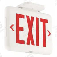 Exit Sign: Emergency Battery Backup, LED, White, Red, 1 or 2 Faces, Ceiling/End/Wall, 120/277 V AC (MPN EVEURWE). Key specifications — Voltage: 120/277 V AC; Directional Indicators: Universal Field Selectable Chevrons; Text Color: Red; Brand: DUAL-LITE; Emergency Battery Backup: Yes; Housing Color: White; Lighting Technology: LED; Remote Capable: No.