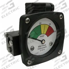 MIDWEST INSTRUMENT 3-Color Differential Pressure Indicator: 1,000 psig Max. Static Pressure, 522 (MPN 522A-050-LA). Key specifications — Brand: MIDWEST INSTRUMENT; Accuracy: ±5% of Full Scale; Sensor Material: Buna-N; Housing Material: Aluminum; Transition Points: 0 psid to 20 psid (Green) / 20 psid to 30 psid (Yellow) / 30 psid to 50 psid (Red).