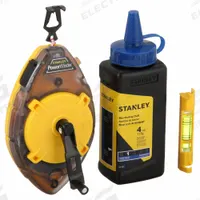 STANLEY Chalk Line Reel: 3.5:1, 100 ft Line Lg, Black/Yellow, 4 oz Fill Wt, Sliding Door, Blue (MPN 47-464). Key specifications — attr1270037: 3.5:1; attr1270064: STANLEY; attr1270076: Plastic.