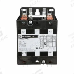 SQUARE D Definite Purpose Magnetic Contactor: 2 Poles, 208-240V AC, 90 A, Non-Reversing (MPN 8910DPA92V09). Key specifications — Brand: SQUARE D; Coil Voltage: 220/208-240V AC; Contactor Style: HVACR Definite Purpose Contactor; Terminal Connection Type: Quick-Disconnect Terminals; Maximum Voltage Rating: 600V AC; Series: 8910 Series Type DPA; Phase: Single; Main Pole Contact Form: 2NO.