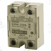 OMRON Solid State Relay: Surface Mounted, 10 A Max Output Current, Photocoupler, DC Output (MPN G3NA-D210B-UTU AC100-240). Key specifications — Brand: OMRON; Current Type: AC; Electrical Connection: Screw; Input Voltage: 75 to 264V AC; Maximum Output Current without Heat Sink: 4.0 A; Mounting Style: Screw; Output Voltage: 4 to 220V DC; Voltage/Current Type: DC Output.
