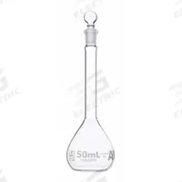 GLOBE SCIENTIFIC Volumetric Flask: 50 mL, Colorless, A, 0.05 mL, Includes Closure, 140 mm Overall Ht (MPN 8200050). Key specifications — Tolerance: 0.05 mL; Body Color: Colorless; Brand: GLOBE SCIENTIFIC; Compatible with Stopper Size: 9; USP Specification: Type I.