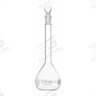 GLOBE SCIENTIFIC Volumetric Flask: 50 mL, Colorless, A, 0.05 mL, Includes Closure - Glass Volumetric Flasks