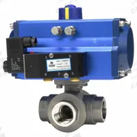 DYNAQUIP CONTROLS Pneumatically Actuated Three-Way Ball Valve: 2 in, Stainless Steel, Double-Acting (MPN PYSA8AJDA105A). Key specifications — Brand: DYNAQUIP CONTROLS; Included Pilot Solenoid: 115V AC Pilot Solenoid; Pilot Solenoid Voltage: 115V AC.
