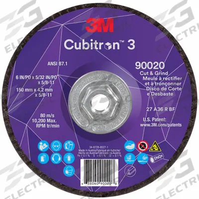3M CUBITRON 3 Cut-Off and Grinding Wheel: Type 27, 6" x 5/32" x 5/8"-11 - Cool-Cutting Combination Wheels for Carbon & Stainless Steel