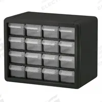 AKRO-MILS Drawer Bin Cabinet: 10 1/2 in x 6 1/2 in x 8 1/2 in, 16 Drawers, Stackable, Polystyrene (MPN 10116). Key specifications — attr66719: Polystyrene; attr66728: Yes; attr66722: Clear; attr66720: Drawer; attr66726: (16) 1-9/16 in x 6 in x 2-7/32 in; attr66716: Black; attr66753: Plastic; attr66710: AKRO-MILS.