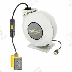 HUBBELL WIRING DEVICE-KELLEMS Extension Cord Reel: Ratchet Lock, 35 ft Cord Lg, 12 AWG, SJO, 5-20P (MPN HBLI35123GF220). Key specifications — Retractable Cord Ending NEMA Configuration: 5-20R; Feeder Cord Ending NEMA Configuration: 5-20P; Brand: HUBBELL WIRING DEVICE-KELLEMS.
