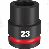 MILWAUKEE Standard Impact Socket: 3/4 in Drive Size, Metric, 23 mm Socket Size, 6-Point, Std (MPN 49-66-6361). Key specifications — attr1215501: MILWAUKEE; attr1215515: Black Phosphate; attr1215518: 23 mm.
