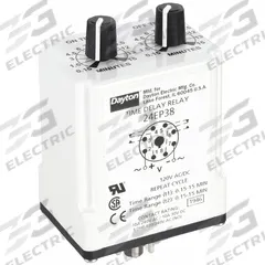 DAYTON Single Function Time Delay Relay: Socket Mounted, 120V AC/DC, 10 A, 8 Pins/Terminals (MPN 24EP38). Key specifications — Brand: DAYTON.