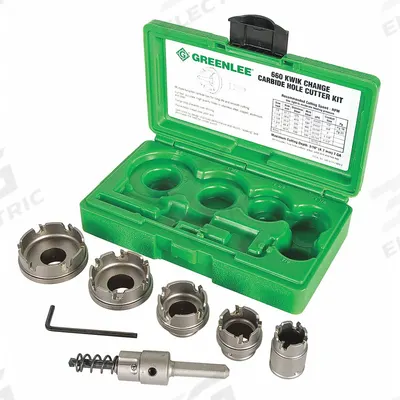 GREENLEE Hole Cutter Kit: 6 Pieces, 1/8 in Max. Cutting Dp, Carbide Tipped - Metal-Cutting Hole Cutter Kits