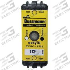 BUSSMANN Fuse: Class CF, TCF Series, Time-Delay, 15 A, 600 V AC, 300 V DC, Indicating (MPN TCF15). Key specifications — Brand: BUSSMANN; Series: TCF.
