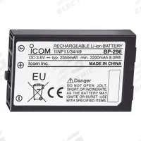 ICOM Radio Battery: Fits Icom, For M37 Series, 2,200 mAh, Lithium Ion, Waterproof, BP296. Key specifications — Manufacturer Part Number: BP296; Brand: ICOM; Compatible Radio Brand: Icom; Battery Type: Lithium Ion; Waterproof: Yes; Compatible Radio Series: M37; Compatible Radio Type: Handheld; Compatible Radio Manufacturer Model Number: M37.