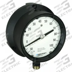 ASHCROFT Process Compound Gauge: 0 psi to 100 psi, White, 4 1/2 in Dial, 1/2 in NPT Male, Bottom, 4X (MPN 451379SSL04LVAC/100#). Key specifications — Brand: ASHCROFT; Pointer Color: Black; Accuracy: ±0.5%; Dial Color: White; Gauge Wetted Parts: Stainless Steel; Case Material: Epoxy-Coated Aluminum; Vibration Resistance Properties: Liquid-Filled; Pressure Range: 0 psi to 100 psi.