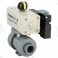 HAYWARD FLOW CONTROL Pneumatically Actuated Two-Way Ball Valve: 1/2 in, CPVC, Air to Air (MPN PSDTBH205STEA8). Key specifications — Brand: HAYWARD FLOW CONTROL; Connection Gender - Side 1: Female; Actuator Features: Position Indicator; Actuator Operation: Air to Air; Actuator Series: PSD; Connection Gender - Side 2: Female; Connection Type - Side 1: True-Union Socket/True-Union NPT; Connection Type - Side 2: True-Union Socket/True-Union NPT.