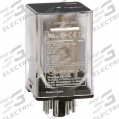 SCHNEIDER General Purpose Relay: Socket Mounted, 10 A Current Rating, 240V AC, DPDT, A Socket (MPN 750XBXRC-240A). Key specifications — Brand: SCHNEIDER; Base Type: Octal; Mounting Style: Plug-In; Pin Shape: Round; Electrical Connection: 8-Pin Terminal; Manufacturer Part Number: 750XBXRC-240A; Operating Current: 10 A at 30V DC (Resistive Load Conforming to UL); Series: 750R Series.
