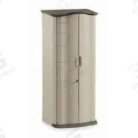 Outdoor Storage Shed: 17 cu ft, Green/Tan, 26 in L x 19 in D x 67 in H, Vertical (MPN FG374901OLVSS). Key specifications — Brand: RUBBERMAID COMMERCIAL PRODUCTS; Product Type: Outdoor Storage Shed; Orientation: Vertical; Material: Polypropylene; Resistance Properties: Impact Resistant; Lockable: Yes; Pattern: None; Color: Green/Tan.
