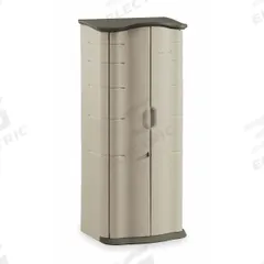 Outdoor Storage Shed: 17 cu ft, Green/Tan, 26 in L x 19 in D x 67 in H, Vertical (MPN FG374901OLVSS). Key specifications — Brand: RUBBERMAID COMMERCIAL PRODUCTS; Product Type: Outdoor Storage Shed; Orientation: Vertical; Material: Polypropylene; Resistance Properties: Impact Resistant; Lockable: Yes; Pattern: None; Color: Green/Tan.