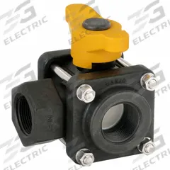 BANJO Manual Three-Way Ball Valve: 1 1/4 in, Polypropylene, L Flow, FNPT x FNPT x FNPT, Three-Piece (MPN V125SL). Key specifications — Brand: BANJO; Handle: Lever.