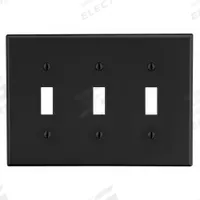 HUBBELL Wall Plate: Toggle, 3 Gang, Black, Std Size (MPN P3BK). Key specifications — Brand: HUBBELL; Material: Polycarbonate.
