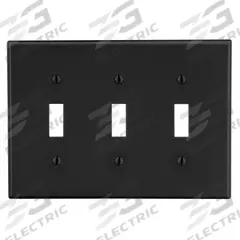 HUBBELL Wall Plate: Toggle, 3 Gang, Black, Std Size (MPN P3BK). Key specifications — Brand: HUBBELL; Material: Polycarbonate.