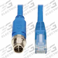 EATON TRIPP LITE Ethernet Cable: 6.6 ft Lg, X Coding, M12 Male Straight x RJ45 Male Straight, PoE++ (MPN NM12-602-02M-BL). Key specifications — Brand: EATON TRIPP LITE; Cable Jacket Color: Blue; End 1 Coding: X; IP Rating: IP68; Performance Category: Cat6; Power over Ethernet (PoE): PoE++.