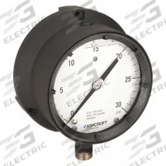 ASHCROFT Process Pressure Gauge: 0 psi to 30 psi, White, 4 1/2 in Dial, 1/2 in NPT Male, Bottom, 4X (MPN 451379SSL04L30#). Key specifications — Brand: ASHCROFT; Pointer Color: Black; Accuracy: ±0.5%; Dial Color: White; Gauge Wetted Parts: Stainless Steel; Case Material: Epoxy-Coated Aluminum; Vibration Resistance Properties: Liquid-Filled; Pressure Range: 0 psi to 30 psi.