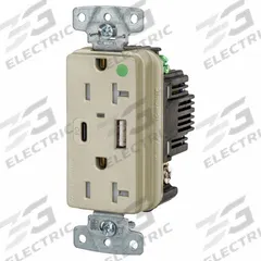 USB Receptacle: Duplex, 5-20R, 2 USB Ports, USB Type A/C, Ivory, 125V AC, 20 A (MPN USB8300ACPDI). Key specifications — Brand: HUBBELL.