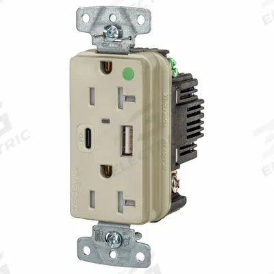 HUBBELL Receptacle: Duplex, 5-20R, 2 USB Ports, USB Type A/C, Ivory, 125V AC - Hospital-Grade Receptacles with USB Chargers