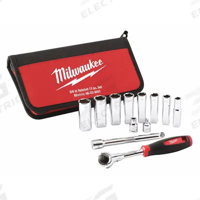 MILWAUKEE Socket Wrench Set: 3/8 in Drive, 12 Piece, 6-Point, Metric - Metric Socket Sets with Drive Tools