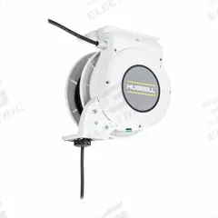 HUBBELL WIRING DEVICE-KELLEMS Extension Cord Reel: Ratchet Lock, 25 ft Cord Lg, 12 AWG, SJO, White (MPN HBLM25123). Key specifications — Retractable Cord Ending NEMA Configuration: Bare Wire; Brand: HUBBELL WIRING DEVICE-KELLEMS.