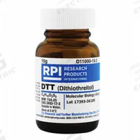 RPI DTT (DL-Dithiothreitol) (Clelands Reagents): 10 g Volume, BSE/TSE Free, Powder, Glass (MPN D11000-10.0). Key specifications — Form: Powder; Special Information: BSE/TSE Free; Brand: RPI; Chemical Grade: Lab; Container Material: Glass.