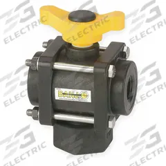 BANJO Manual Three-Way Ball Valve: 1 1/4 in, Polypropylene, L Flow, FNPT x FNPT x FNPT, Three-Piece (MPN V125BL). Key specifications — Brand: BANJO; Handle: Lever.