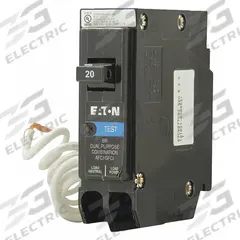 EATON Circuit Breaker: 20 A, 120V AC, Single Phase, 10kA at 120V AC, Type BR Loadcenters, 1 Poles (MPN BRP120DF). Key specifications — Amps: 20 A; AC Voltage Rating: 120V AC; Phase: Single; Max. AIR Rating: 10kA at 120V AC; Circuit Breaker Type: Arc & Ground Fault Circuit Interrupter with Plug-On Neutral; For Use With: Type BR Loadcenters; Brand: EATON.