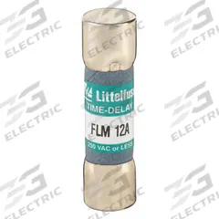 LITTELFUSE Fuse: FLM Series, Midget, Time-Delay, 12 A, 250 V AC, 13/32 in x 1 1/2 in, Non-Indicating (MPN FLM012). Key specifications — Series: FLM; Brand: LITTELFUSE.