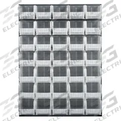 QUANTUM STORAGE SYSTEMS Louvered Panel: 61 in x 48 in x 1 in, 1 Sides, 35 Bins, Gray (MPN QLP-4861-240-35CL). Key specifications — Bin Style: Hang and Stack; Color: Gray; Bin Color: Clear; Finish: Powder Coated; Brand: QUANTUM STORAGE SYSTEMS.