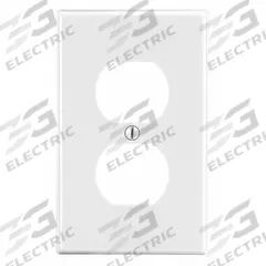 HUBBELL Wall Plate: Duplex Outlet, 1 Gang, White, Midsize Size (MPN PJ8W). Key specifications — Brand: HUBBELL; Material: Polycarbonate.
