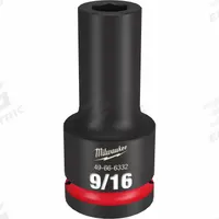 MILWAUKEE Deep Impact Socket: 3/4 in Drive Size, SAE, 9/16 in Socket Size, 6-Point, Deep, Friction (MPN 49-66-6332). Key specifications — attr1215501: MILWAUKEE; attr1215515: Black Phosphate; attr1215518: 9/16 in.